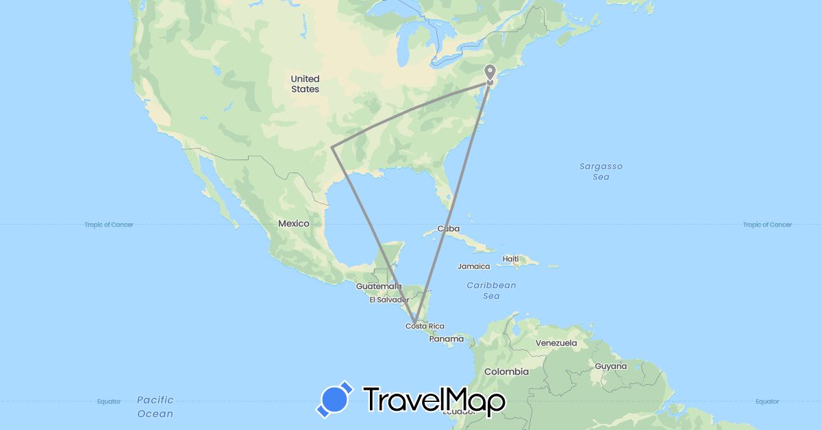 TravelMap itinerary: driving, plane in Costa Rica, United States (North America)